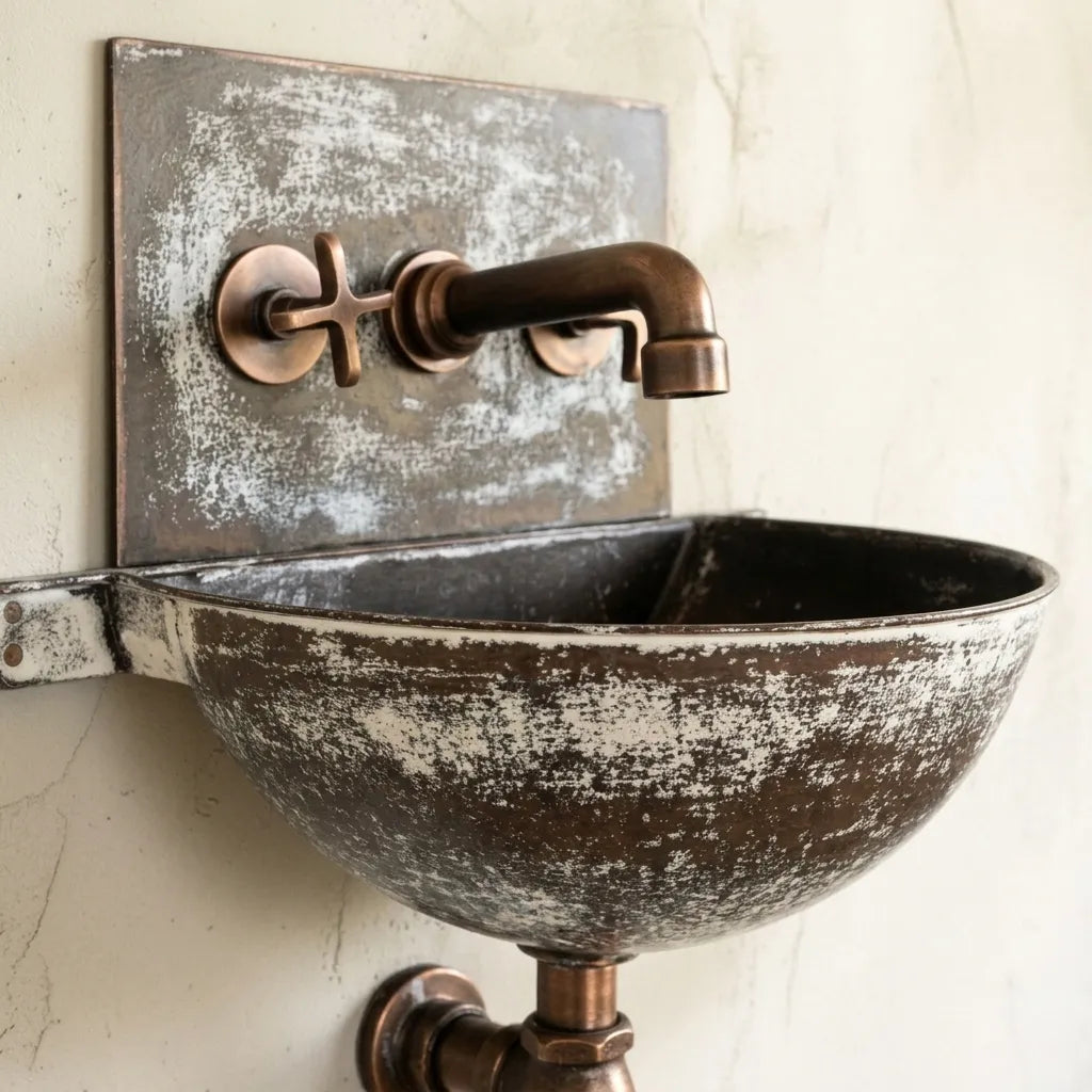 Distressed White Copper Wall Sink with Aged Copper Faucet