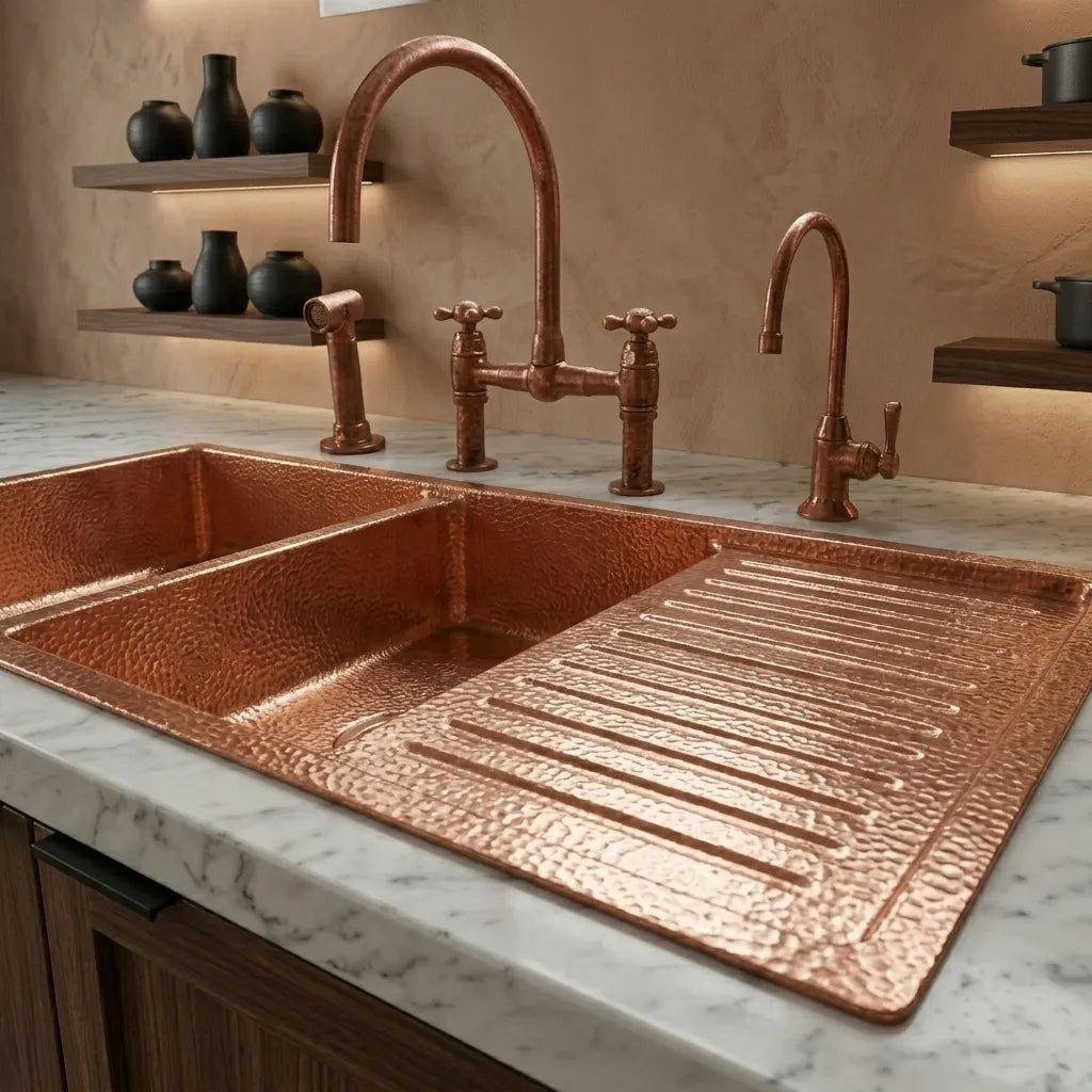 Hammered Copper Double Bowl Kitchen Sink with Built-In Drainboard