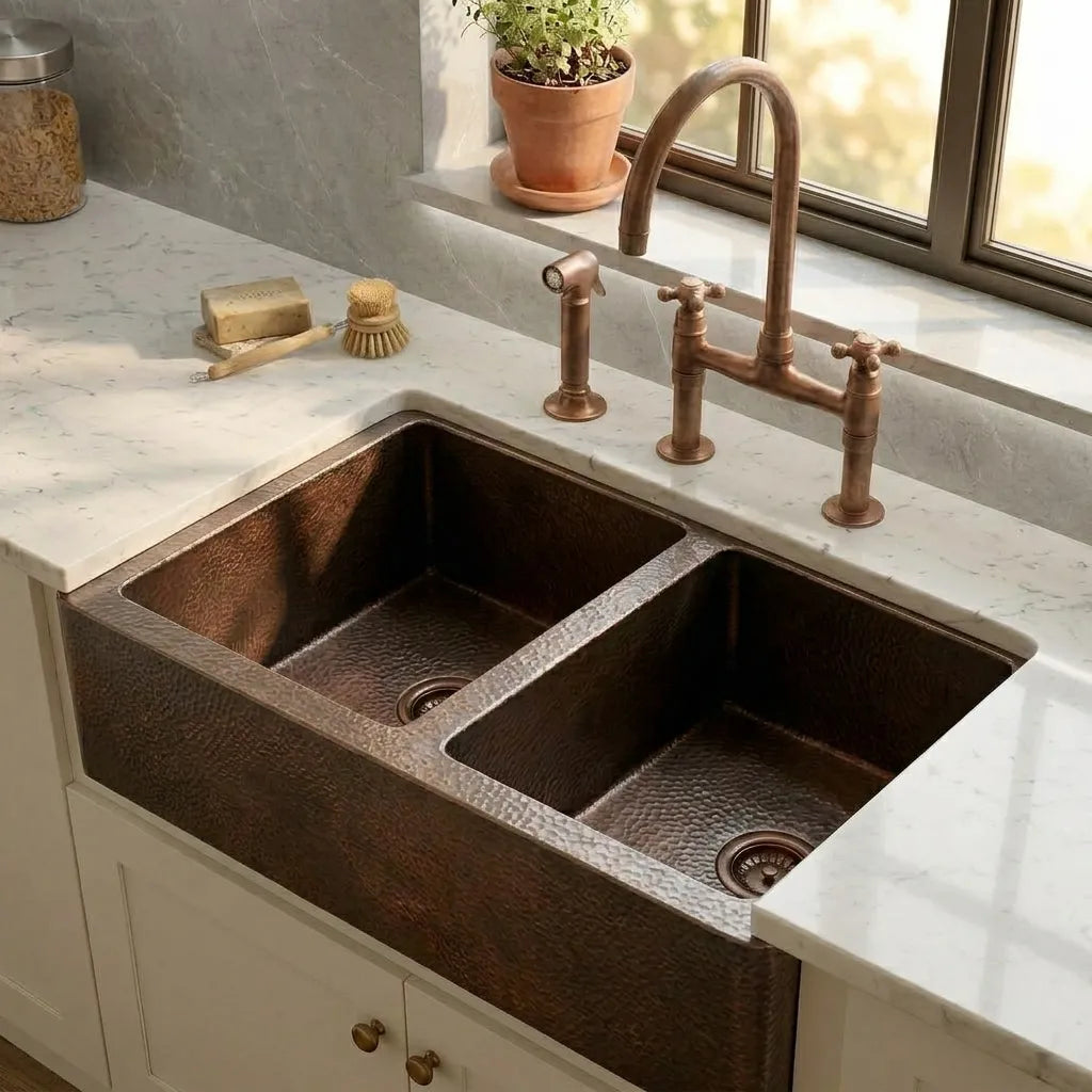 Hammered Copper Double Bowl Farmhouse Apron Kitchen Sink
