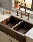 Hammered Copper Double Bowl Farmhouse Apron Kitchen Sink