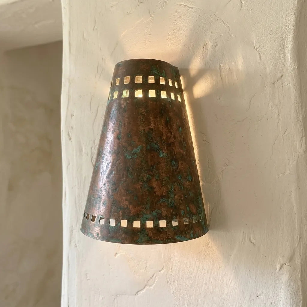 Verdigris Copper Cone Wall Sconce with Square Cutouts