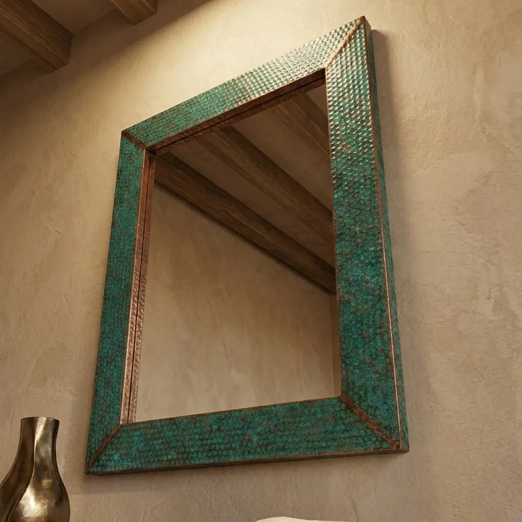 Verdigris Copper Wall Mirror – Rustic Hammered Vanity Decor