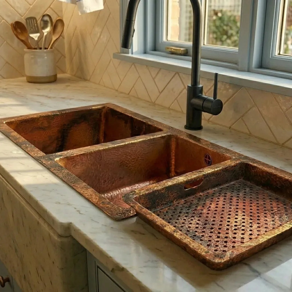 Hammered Copper Double Basin Kitchen Sink with Raised Drying Tray