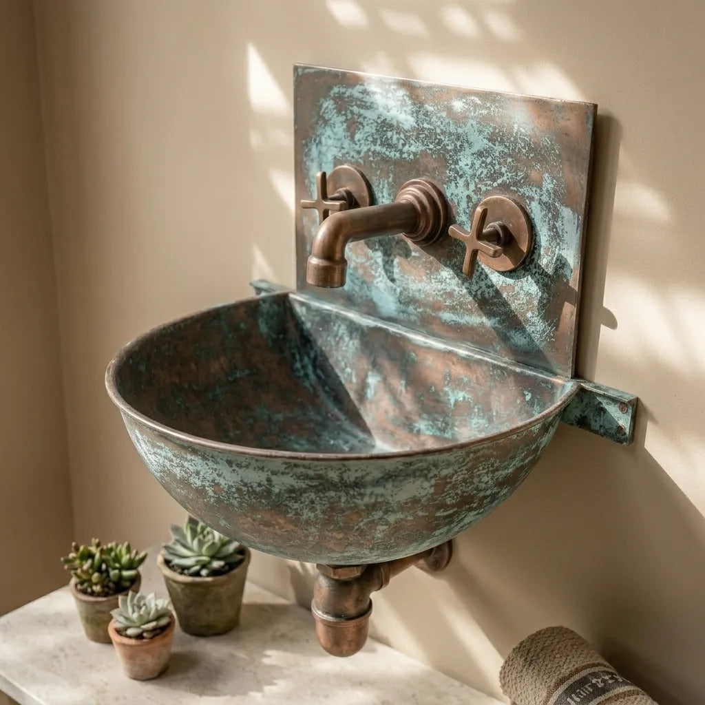 Verdigris Copper Wall Mount Sink with Vintage Cross Faucet