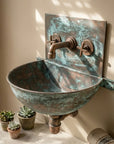 Verdigris Copper Wall Mount Sink with Vintage Cross Faucet