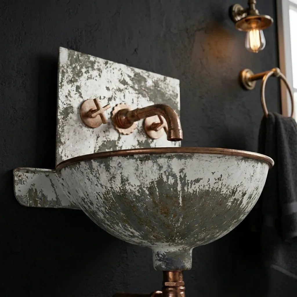 Rustic Wall Mount Copper Bathroom Sink with Hammered Basin