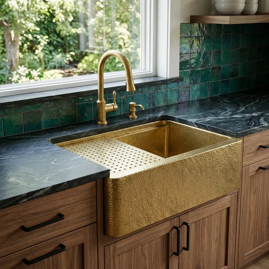 Handmade Hammered Unlacquered Brass Farmhouse Apron Kitchen Sink