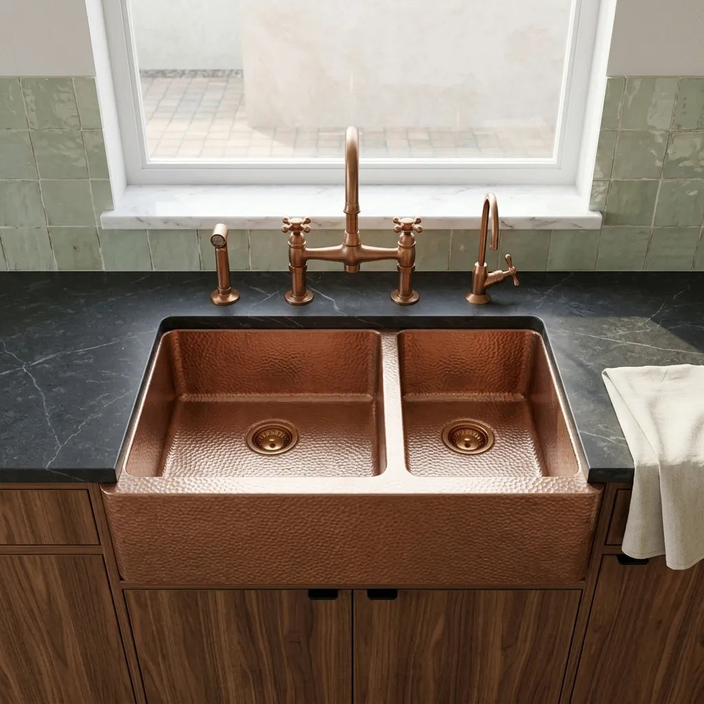 Artisan Copper Farmhouse Kitchen Sink with Double Basin