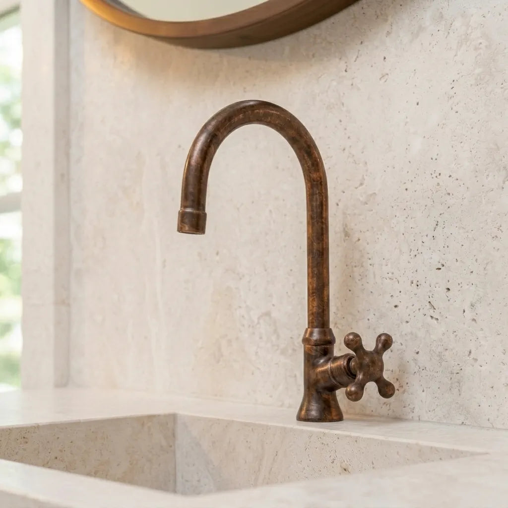 Handmade Aged Copper Single Hole Bathroom Faucet with Cross Handle