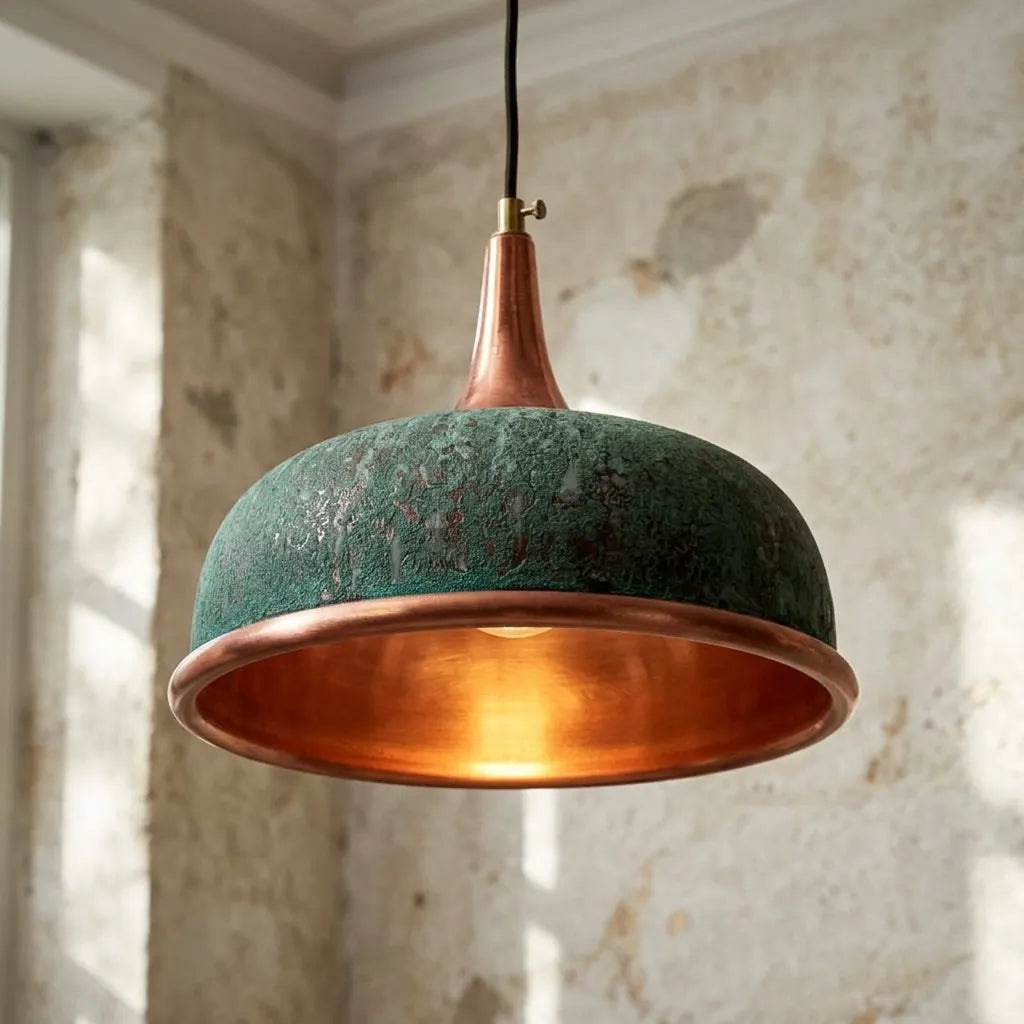 Handmade Green Patina Copper Pendant Light for Rustic Kitchen & Dining