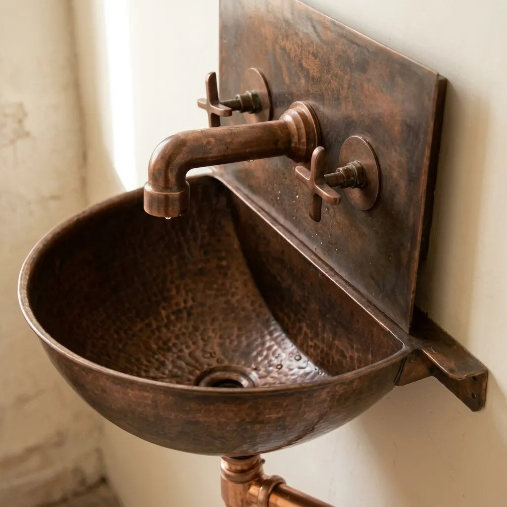 Rustic Copper Wall Mount Sink with Faucet and Patina Basin