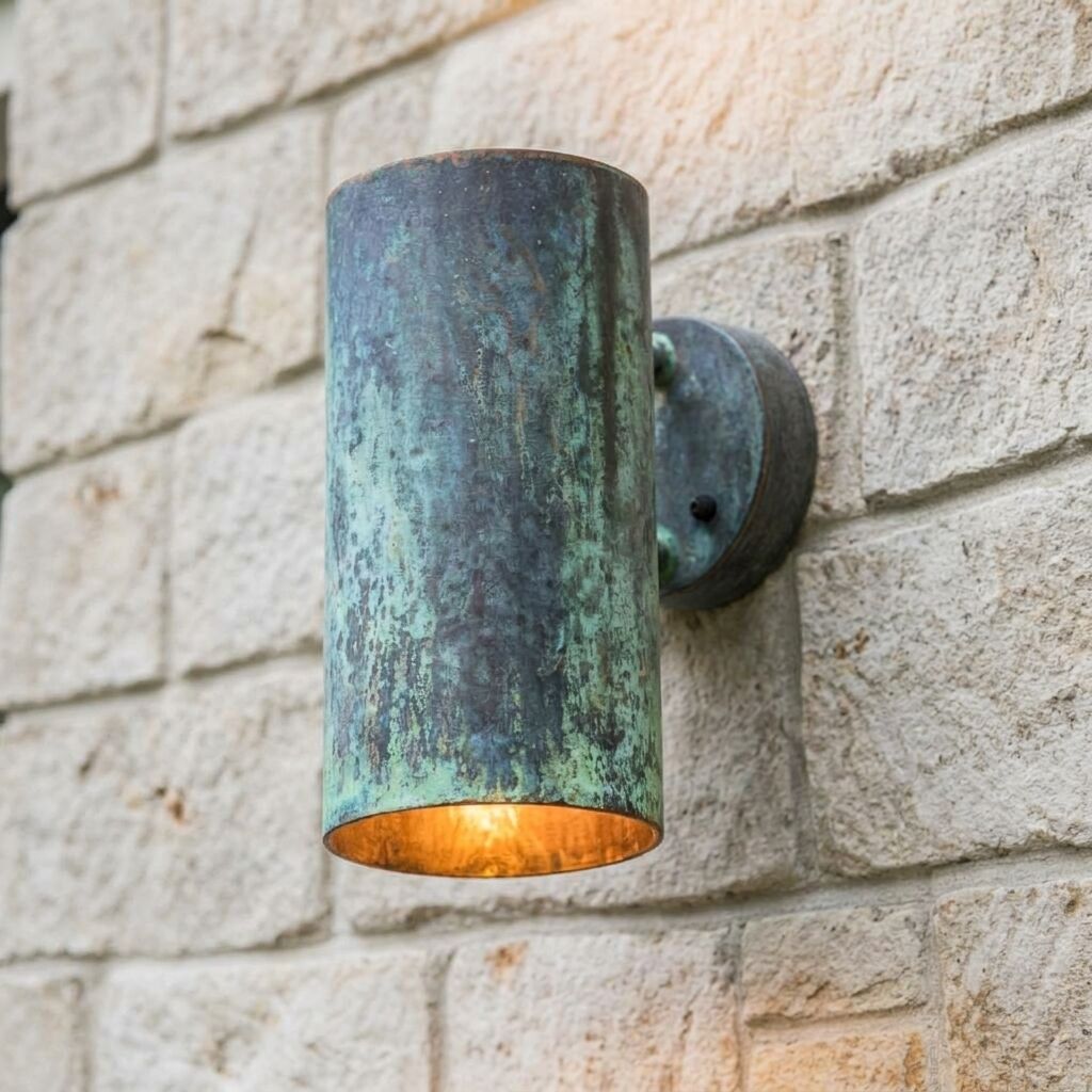 Handcrafted Verdigris Copper Outdoor Wall Sconce – Rustic Cylinder Light