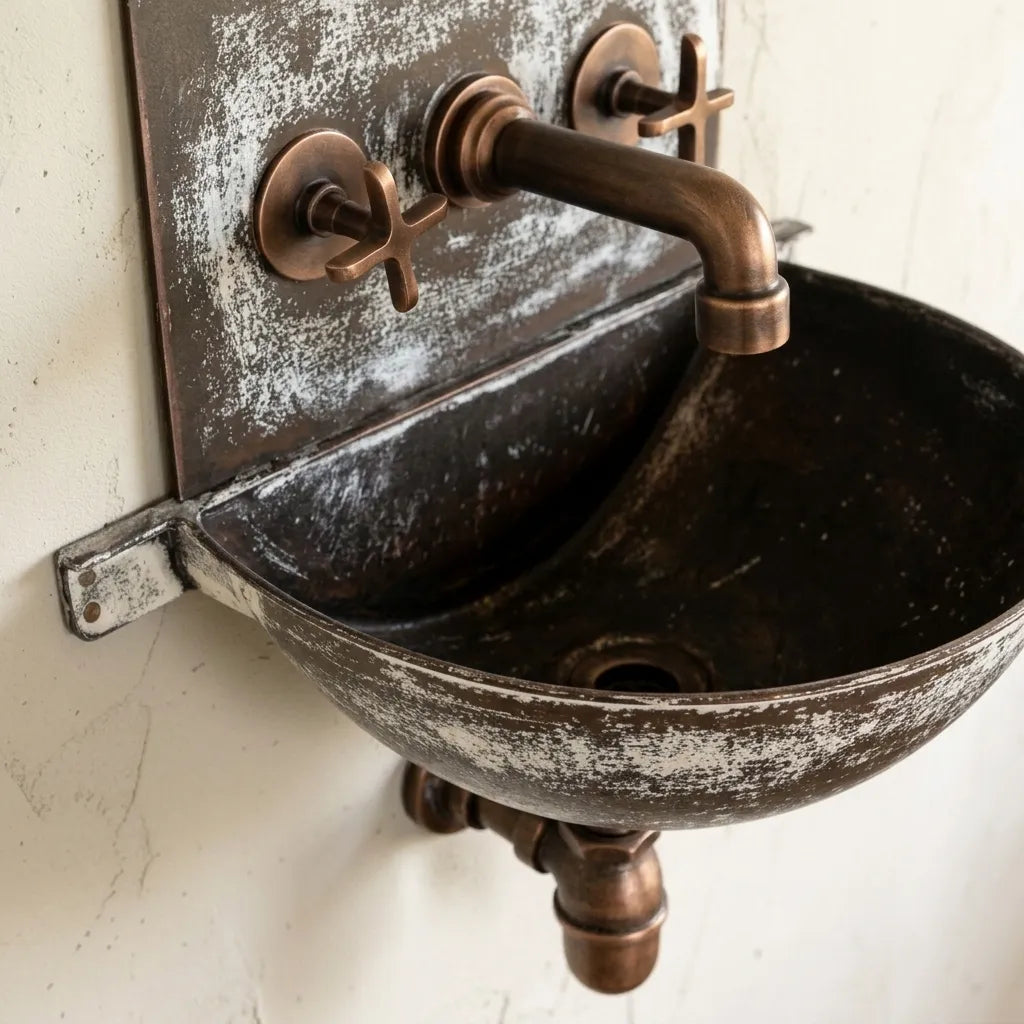 Distressed White Copper Wall Sink with Aged Copper Faucet