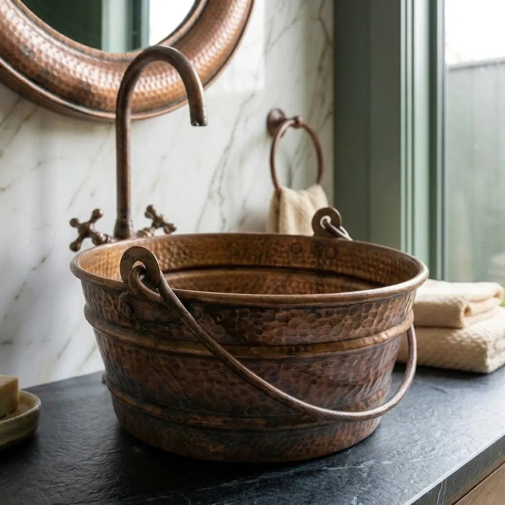 Handmade Hammered Copper Bucket Vessel Sink with Handles