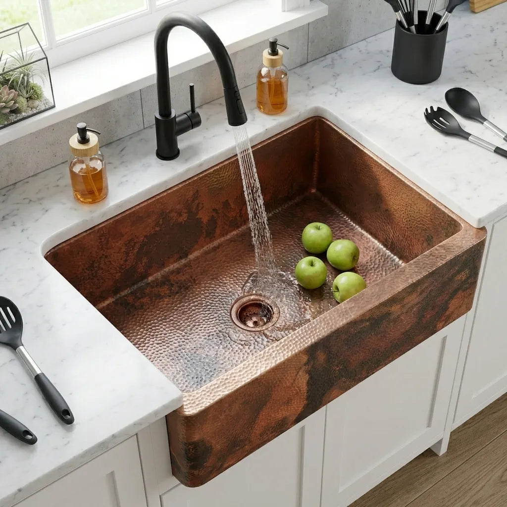 Solid Copper Farmhouse Kitchen Sink with Hammered Finish
