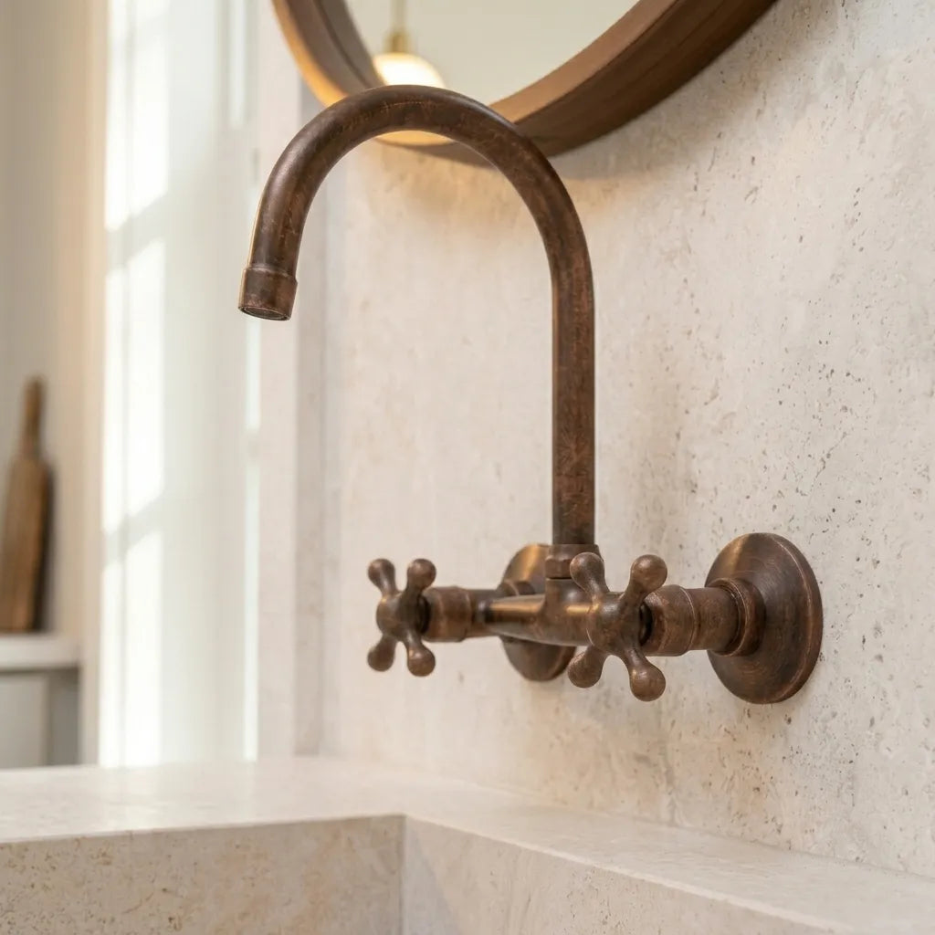 Vintage Copper Wall Sink Faucet with Goose Neck Spout