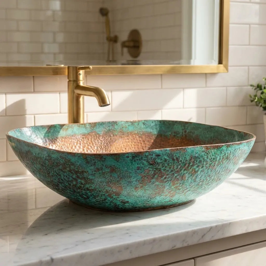 Oxidized Copper Vessel Sink with Rustic Hammered Patina Finish