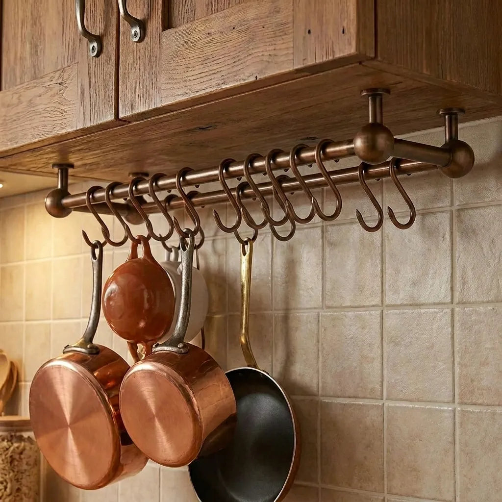 Aged Copper Under Cabinet Pot Rail with S Hooks