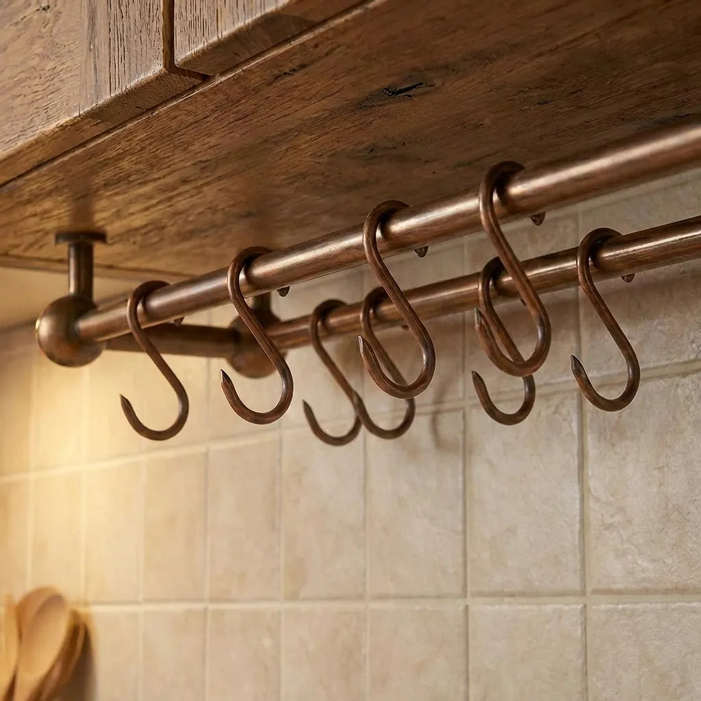 Aged Copper Under Cabinet Pot Rail with S Hooks