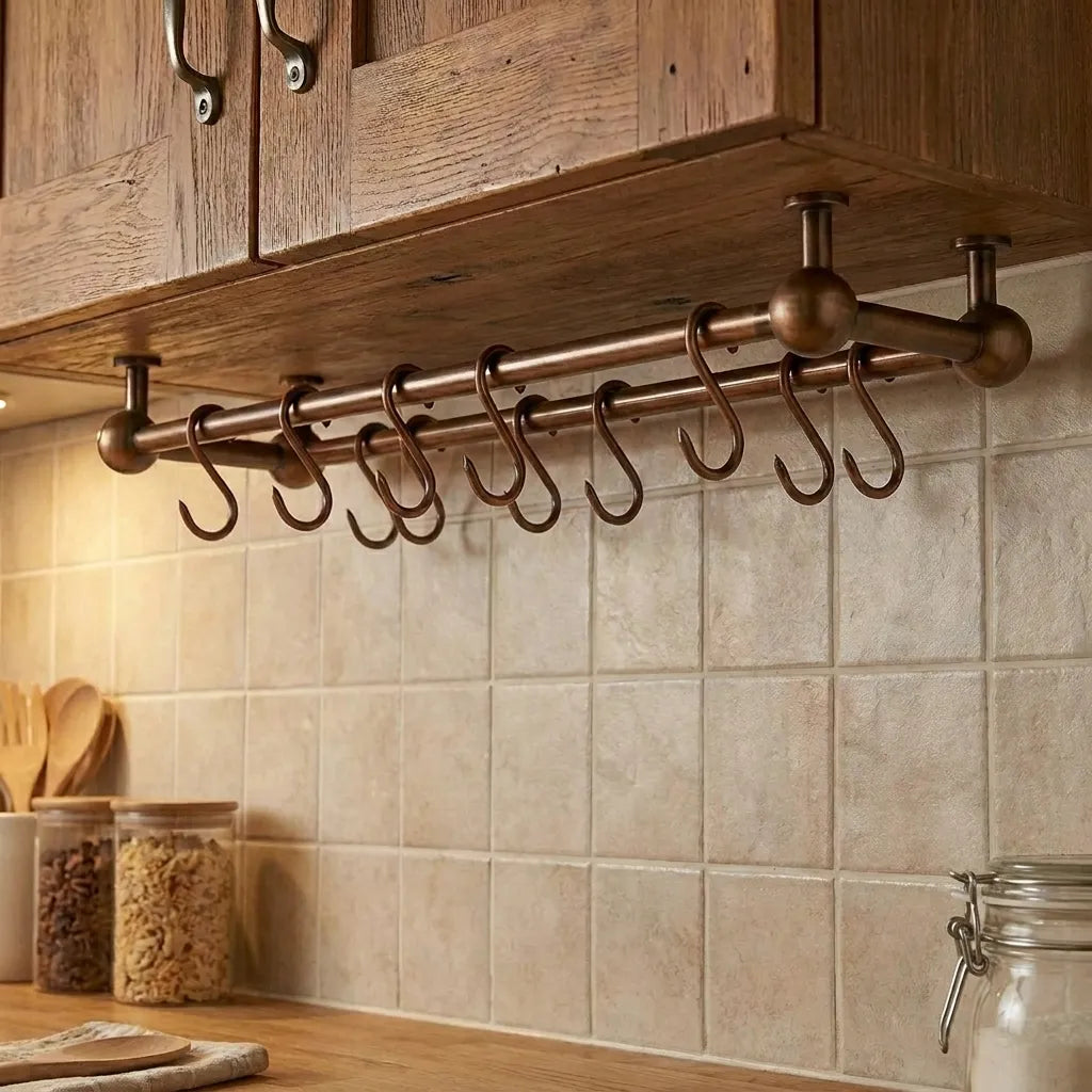Aged Copper Under Cabinet Pot Rail with S Hooks