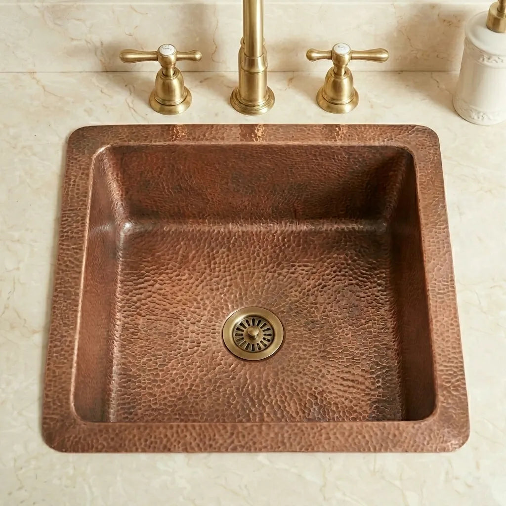 Hammered Copper Drop-In Bathroom Sink – Square Vanity Basin