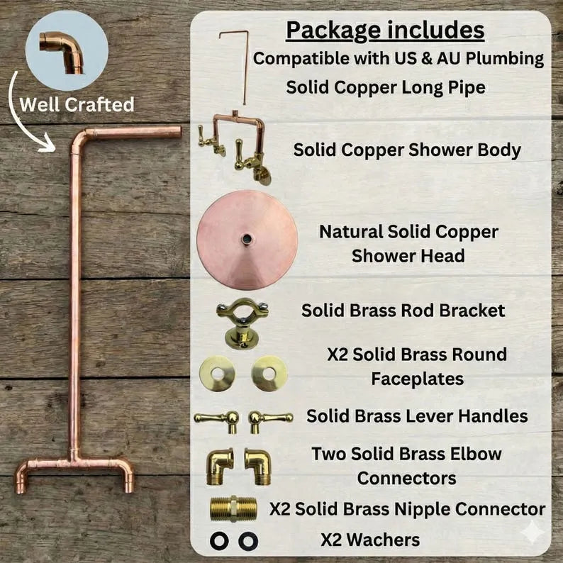 Unlacquered Copper Outdoor Shower System with Wall-Mounted Rain Head