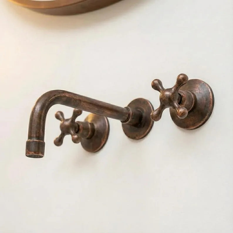 Aged Copper Wall Faucet with Vintage Cross Handles