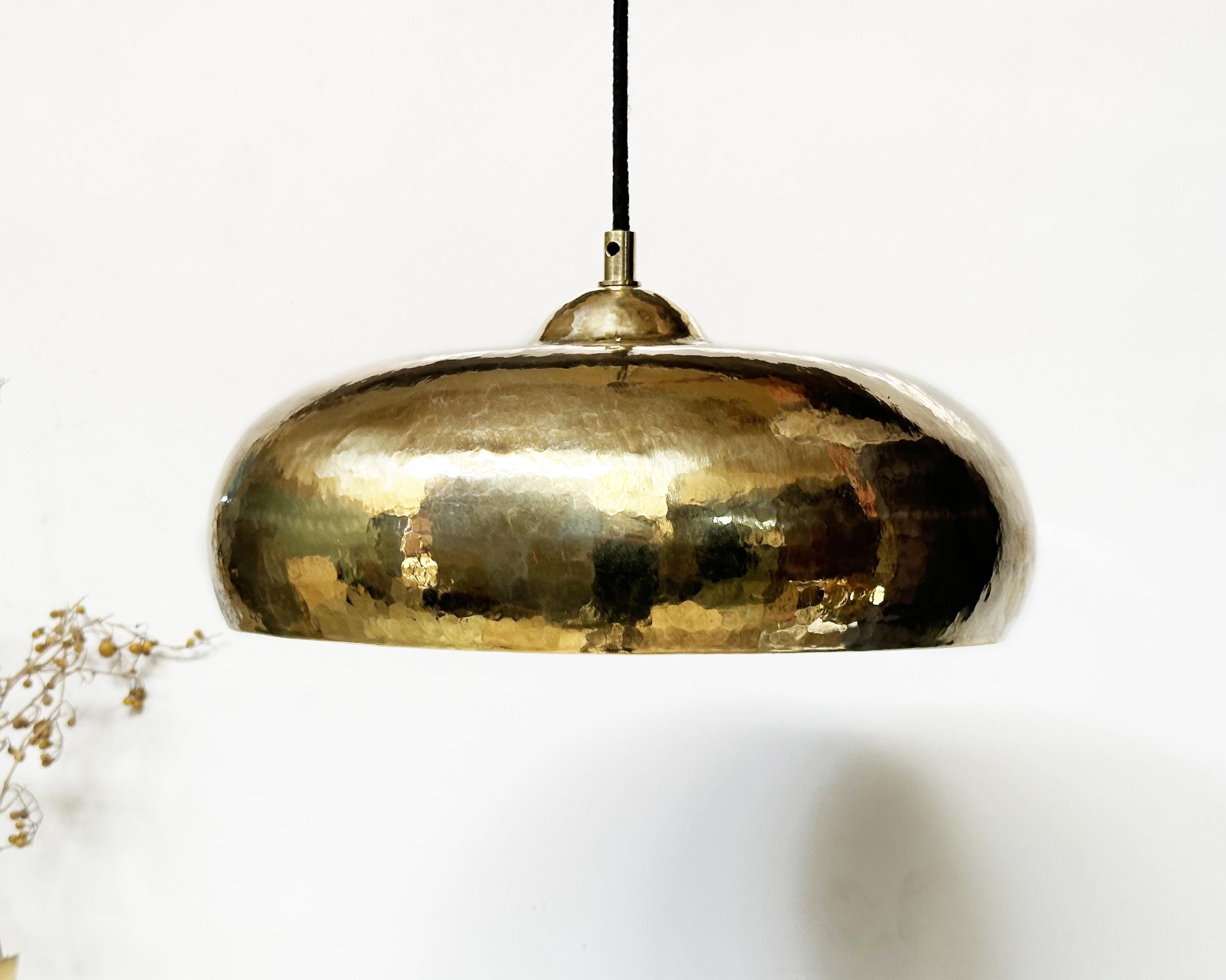 Solid Brass Pendant Lamp – Handcrafted Hammered Ceiling Light for Kitchen Island Décor
