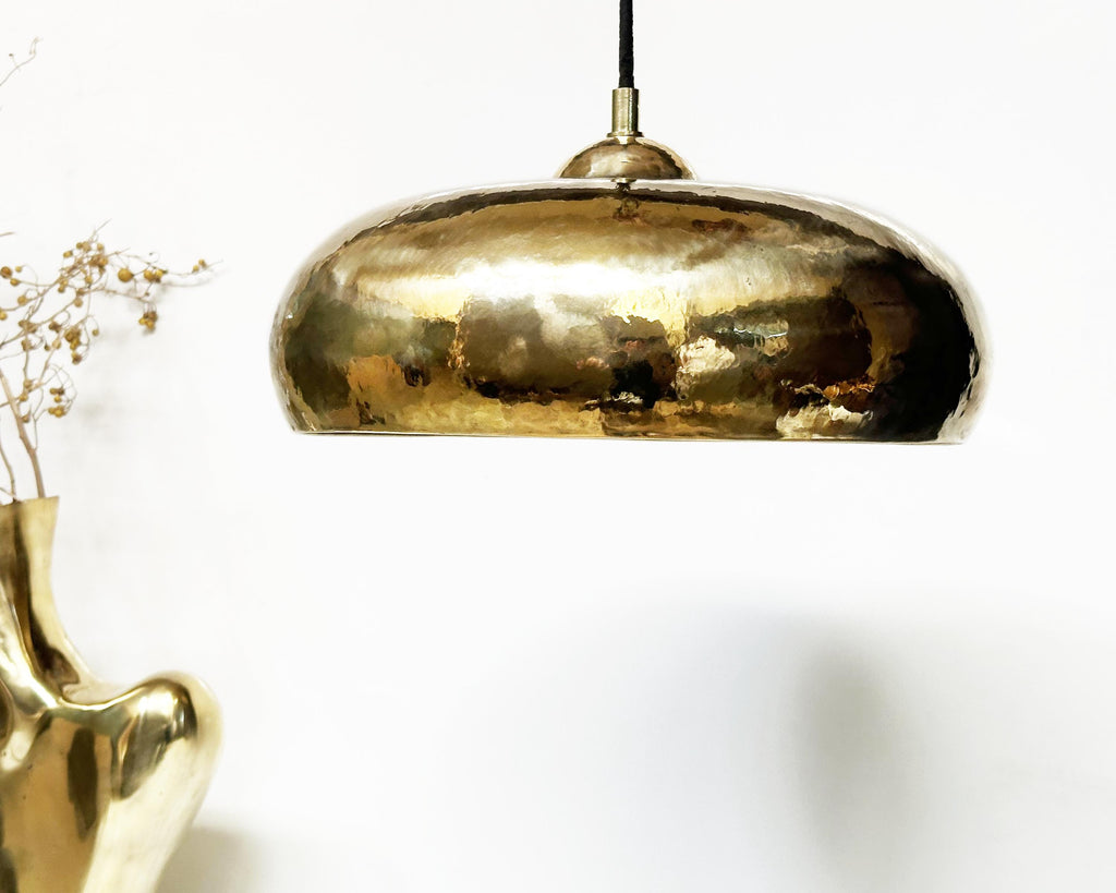 Solid Brass Pendant Lamp – Handcrafted Hammered Ceiling Light for Kitchen Island Décor