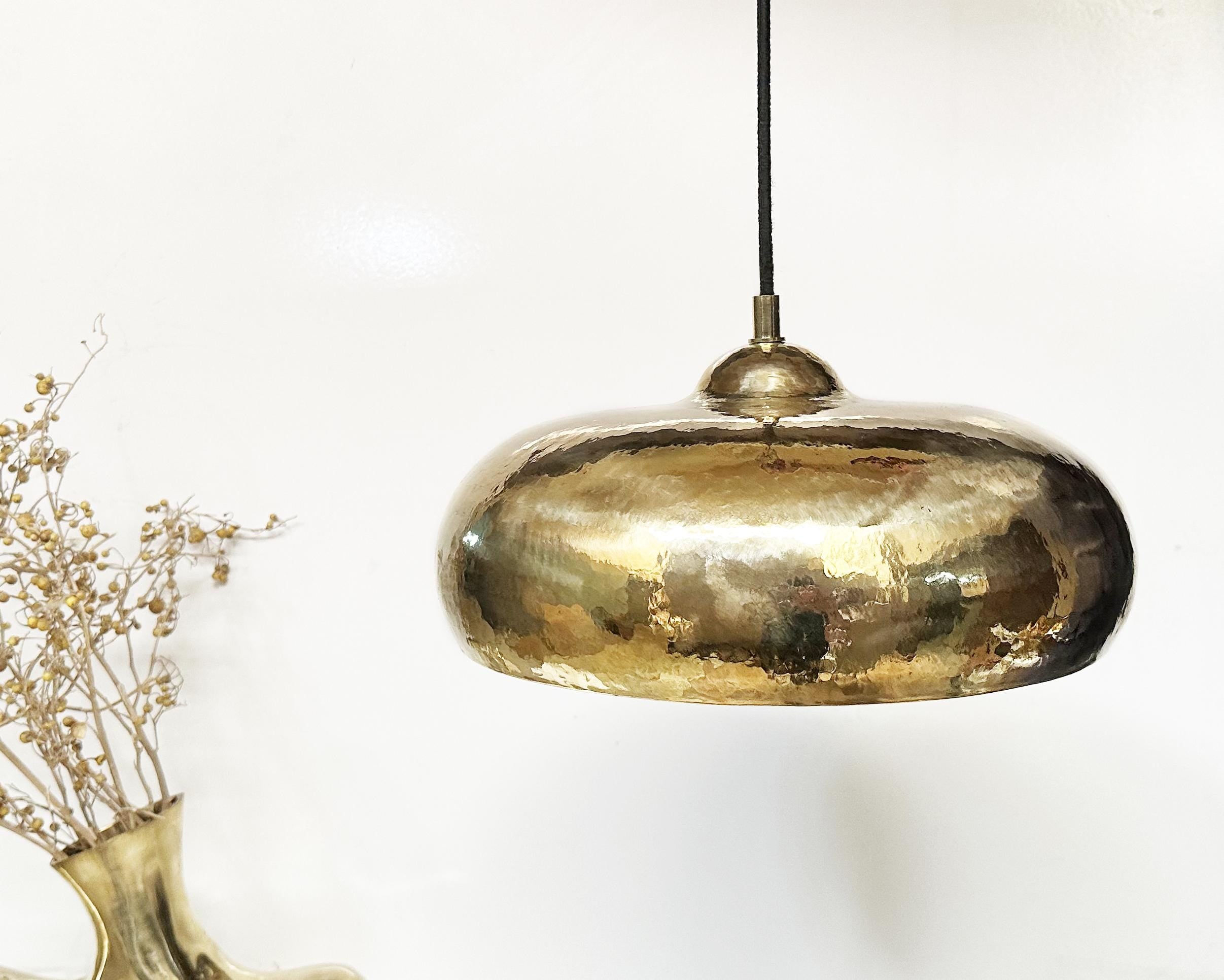 Solid Brass Pendant Lamp – Handcrafted Hammered Ceiling Light for Kitchen Island Décor