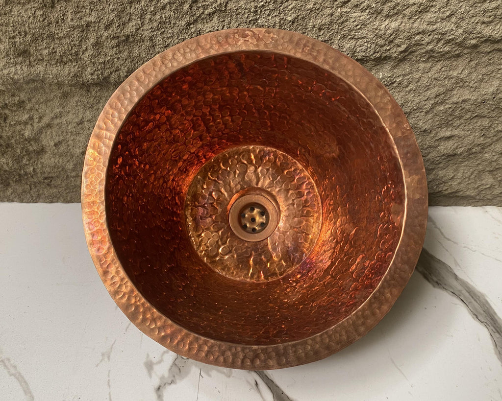 Handcrafted Round Copper Bar Sink – Hammered Drum Design with Drain Included