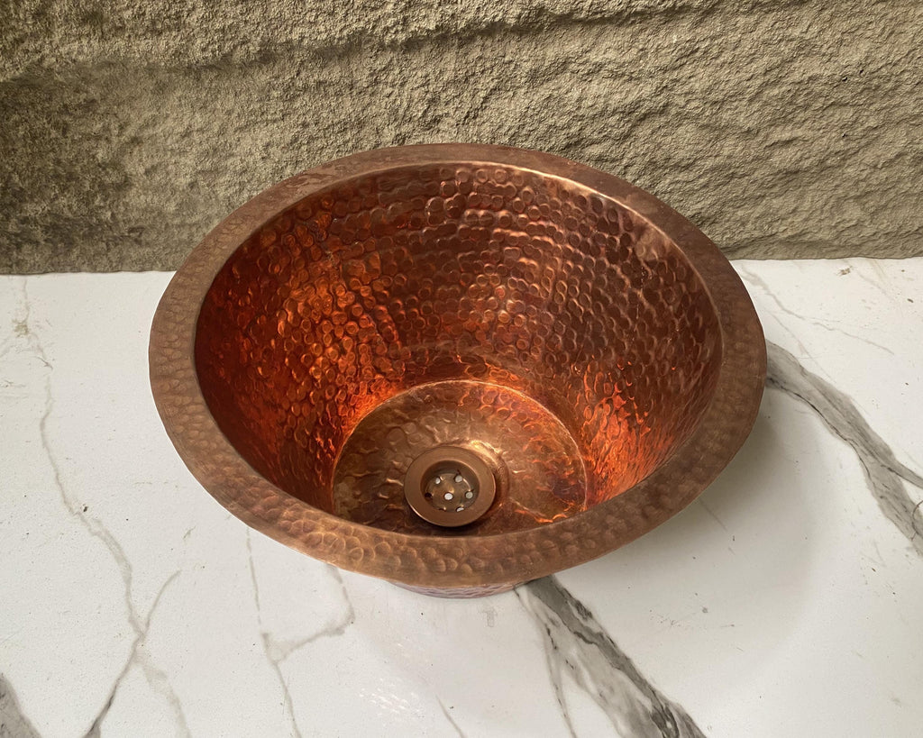 Handcrafted Round Copper Bar Sink – Hammered Drum Design with Drain Included
