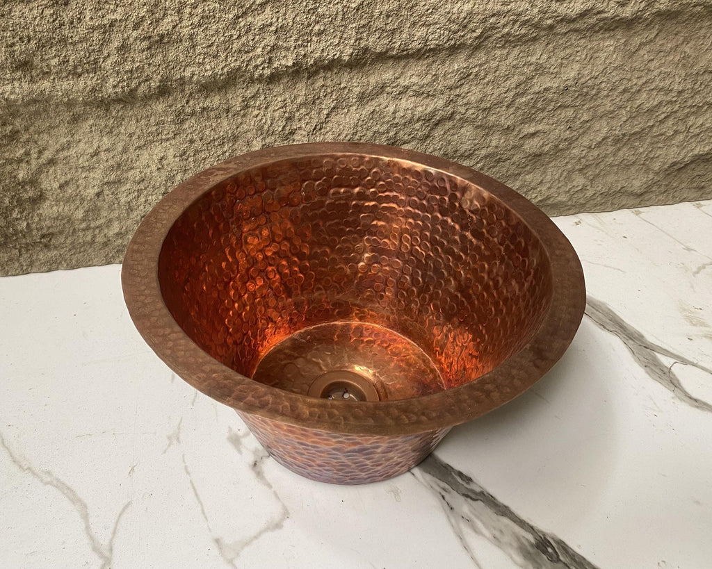 Handcrafted Round Copper Bar Sink – Hammered Drum Design with Drain Included