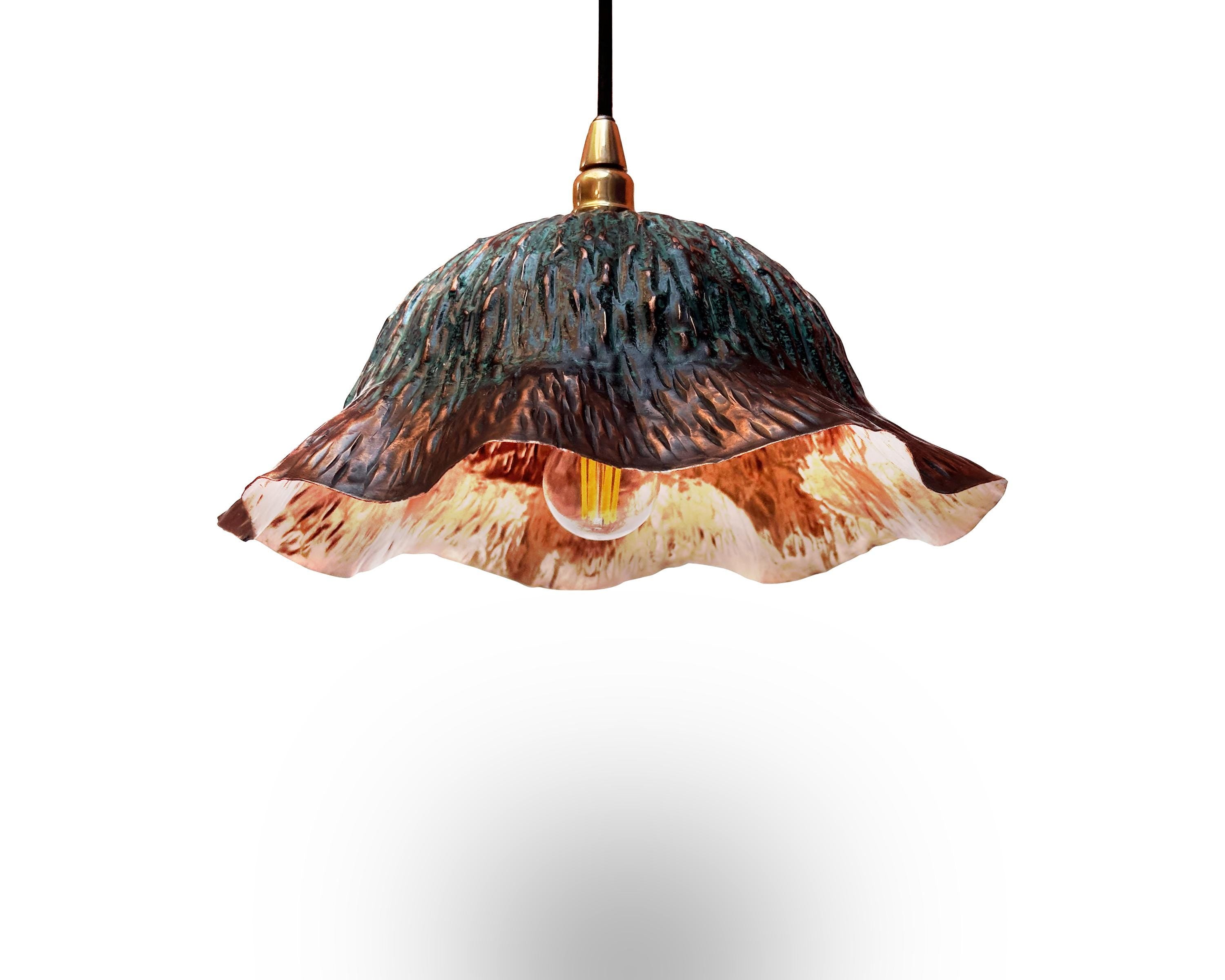 Oxidized Copper Pendant Lamp – Handcrafted Floral Dome Light for Rustic Farmhouse Décor