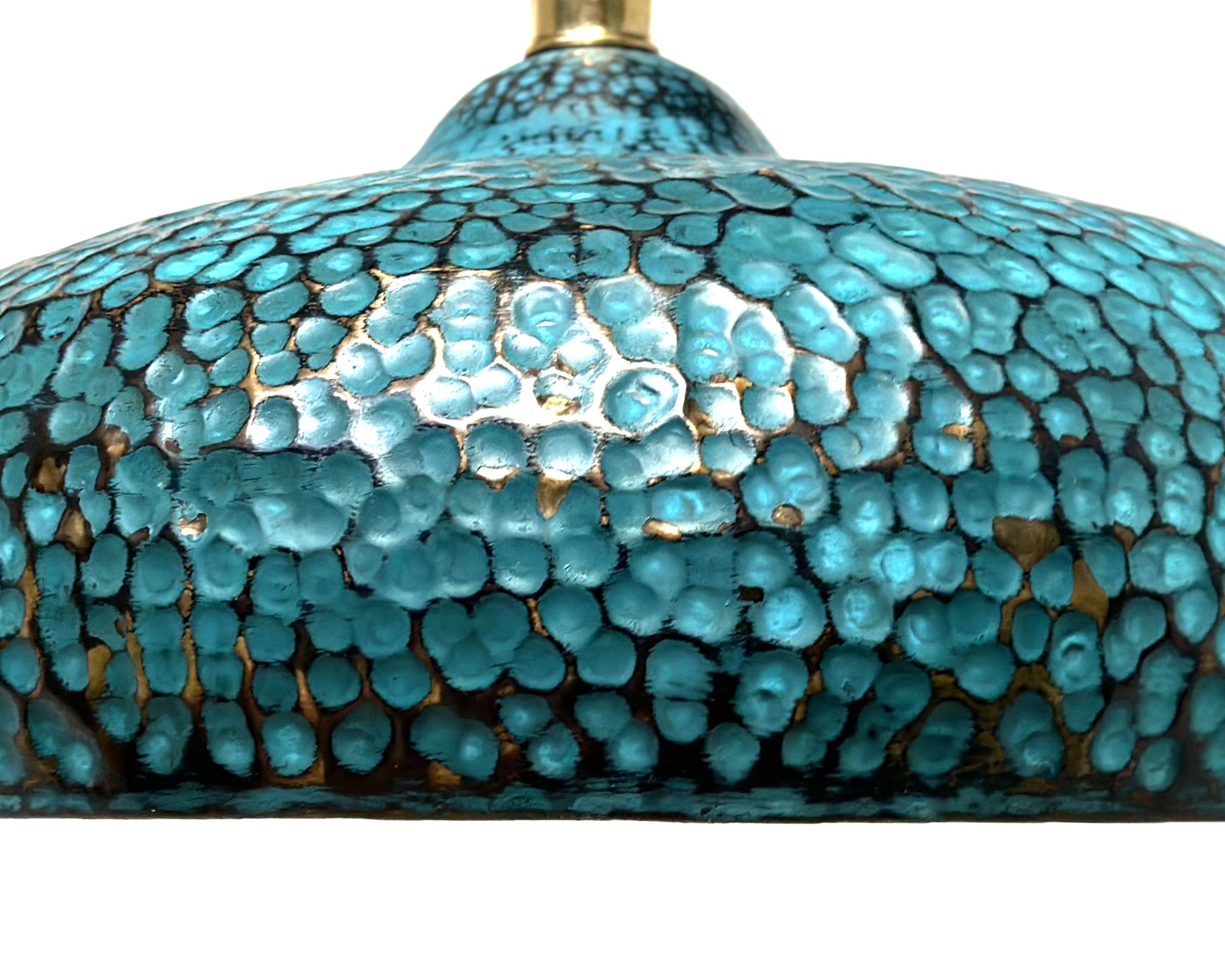 Blue Patina Brass Pendant Light – Handcrafted Dome Ceiling Lamp for Kitchen Island Lighting