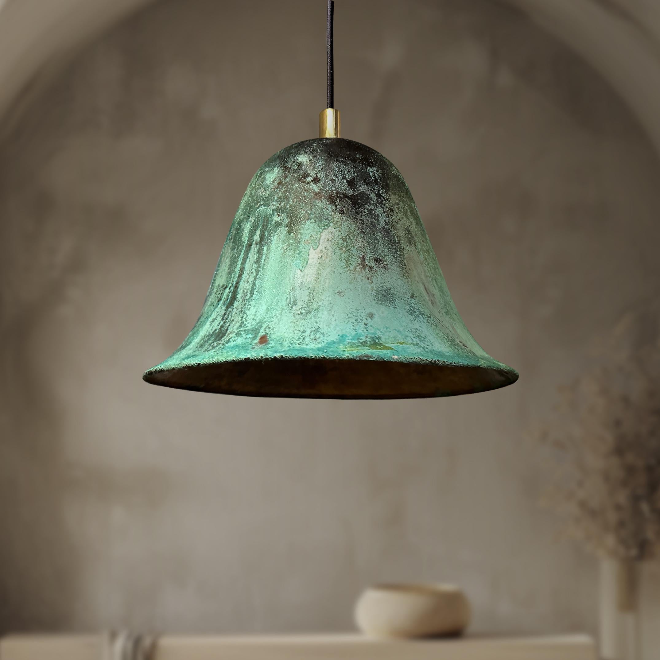 Handmade Oxidized Copper Pendant Light, Green Patina Dome Lamp