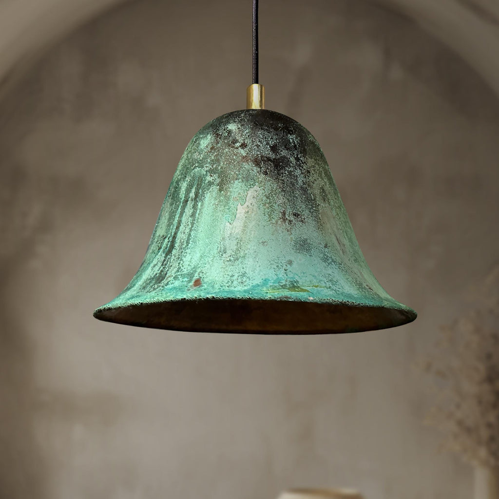 Handmade Oxidized Copper Pendant Light, Green Patina Dome Lamp