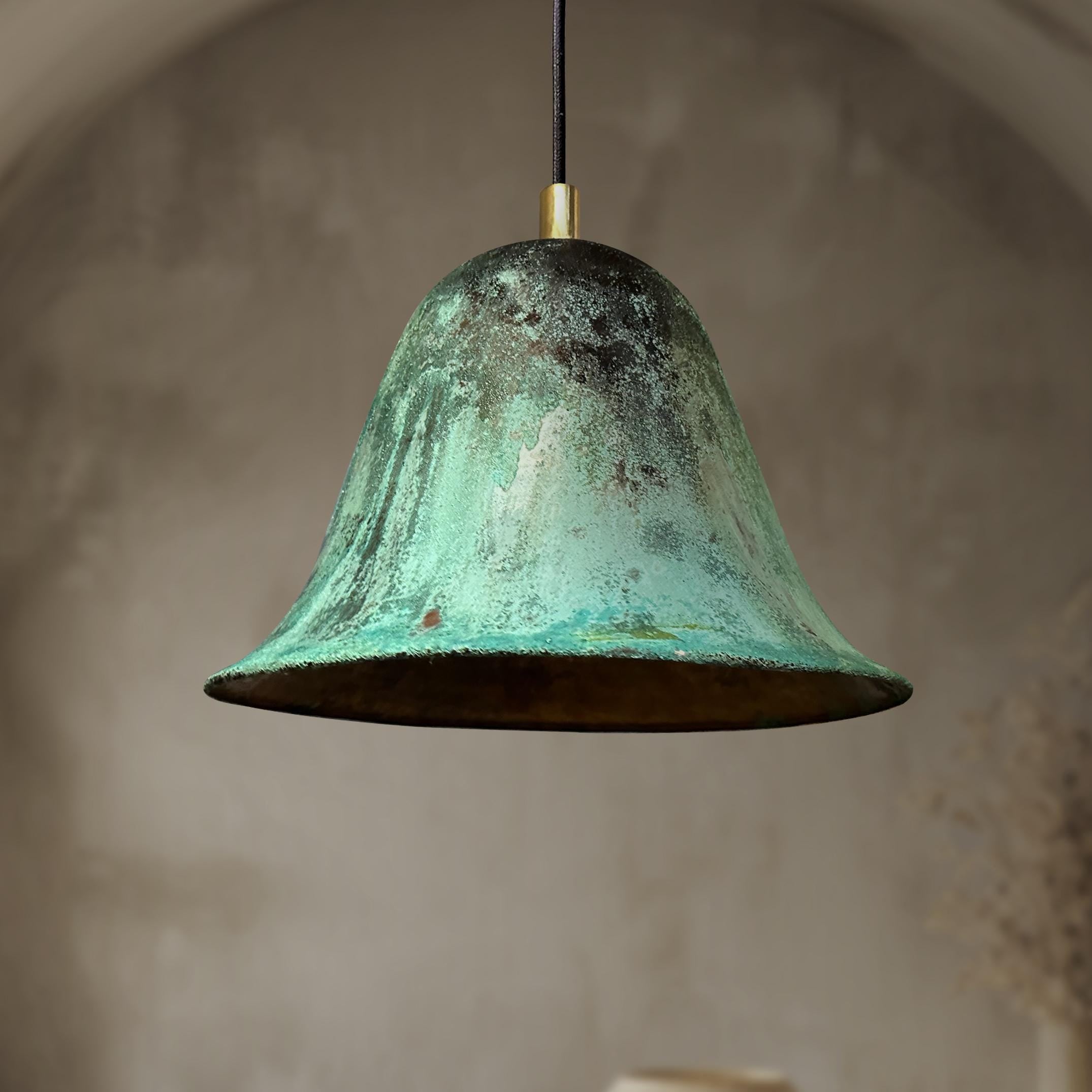 Handmade Oxidized Copper Pendant Light, Green Patina Dome Lamp