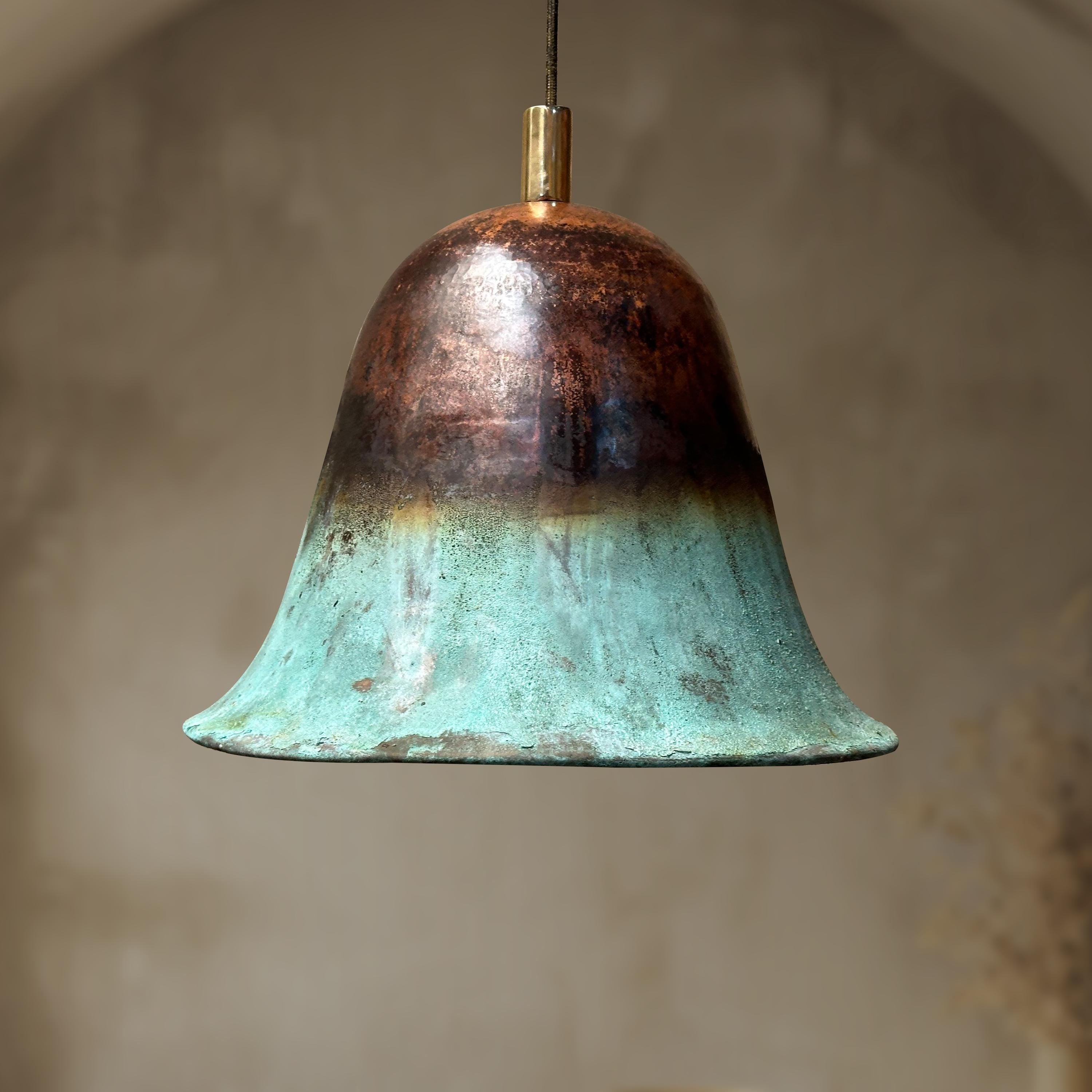 Oxidized Copper Pendant Light – Green Patina Bell Shade Ceiling Fixture for Farmhouse Kitchen