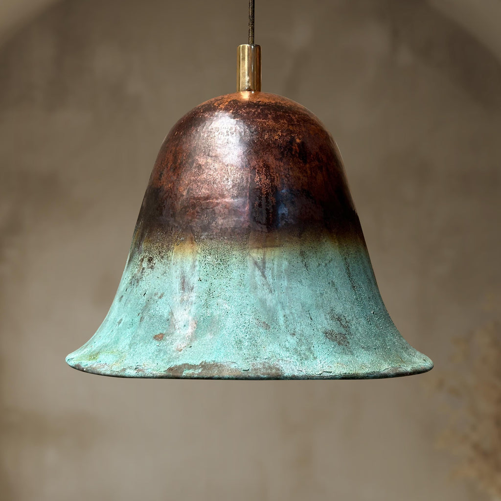 Oxidized Copper Pendant Light – Green Patina Bell Shade Ceiling Fixture for Farmhouse Kitchen