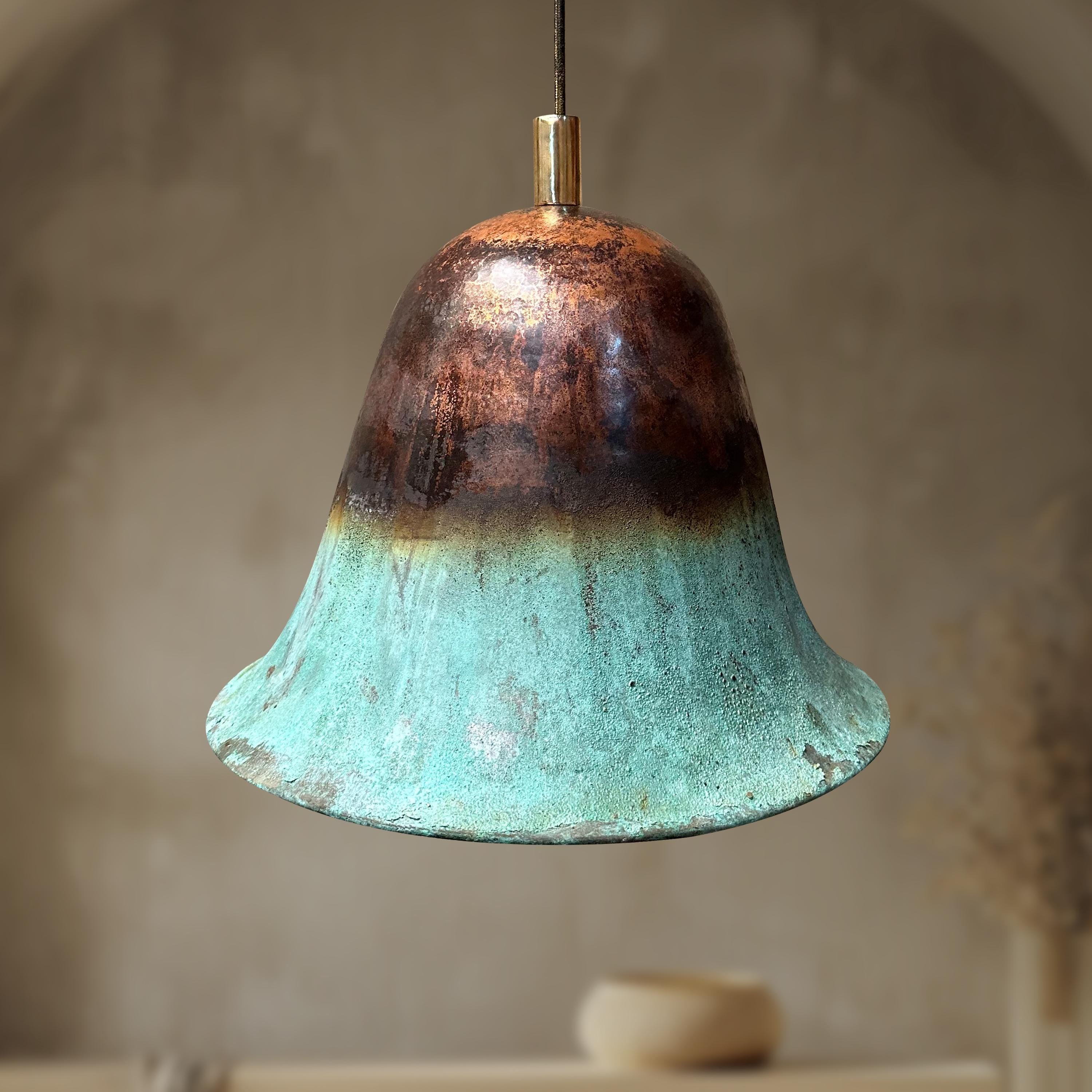 Oxidized Copper Pendant Light – Green Patina Bell Shade Ceiling Fixture for Farmhouse Kitchen