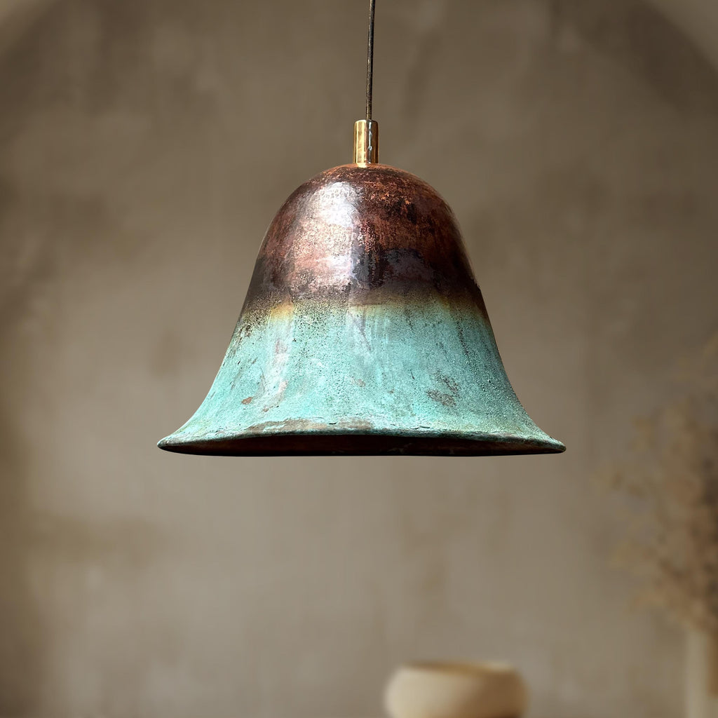 Oxidized Copper Pendant Light – Green Patina Bell Shade Ceiling Fixture for Farmhouse Kitchen