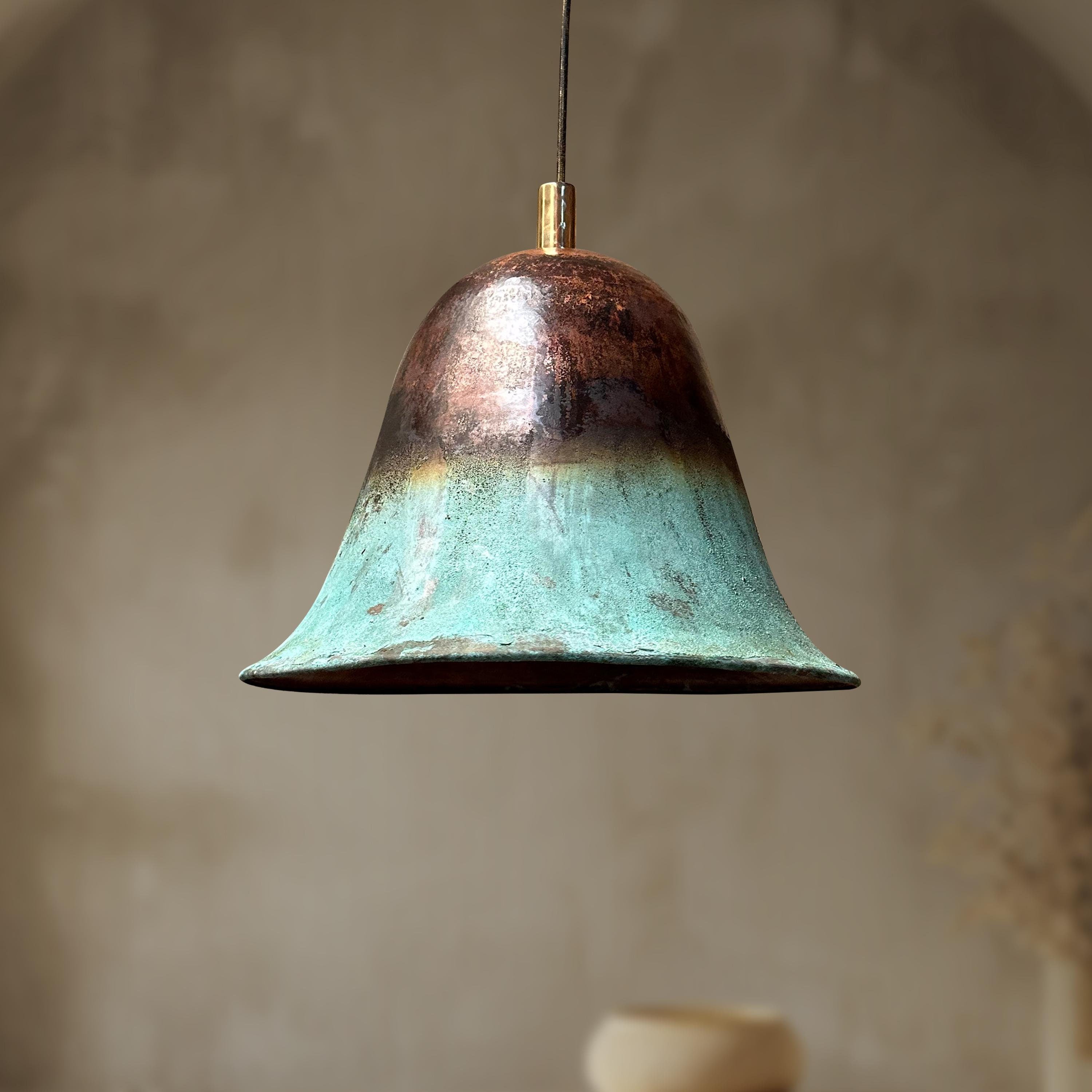Oxidized Copper Pendant Light – Green Patina Bell Shade Ceiling Fixture for Farmhouse Kitchen