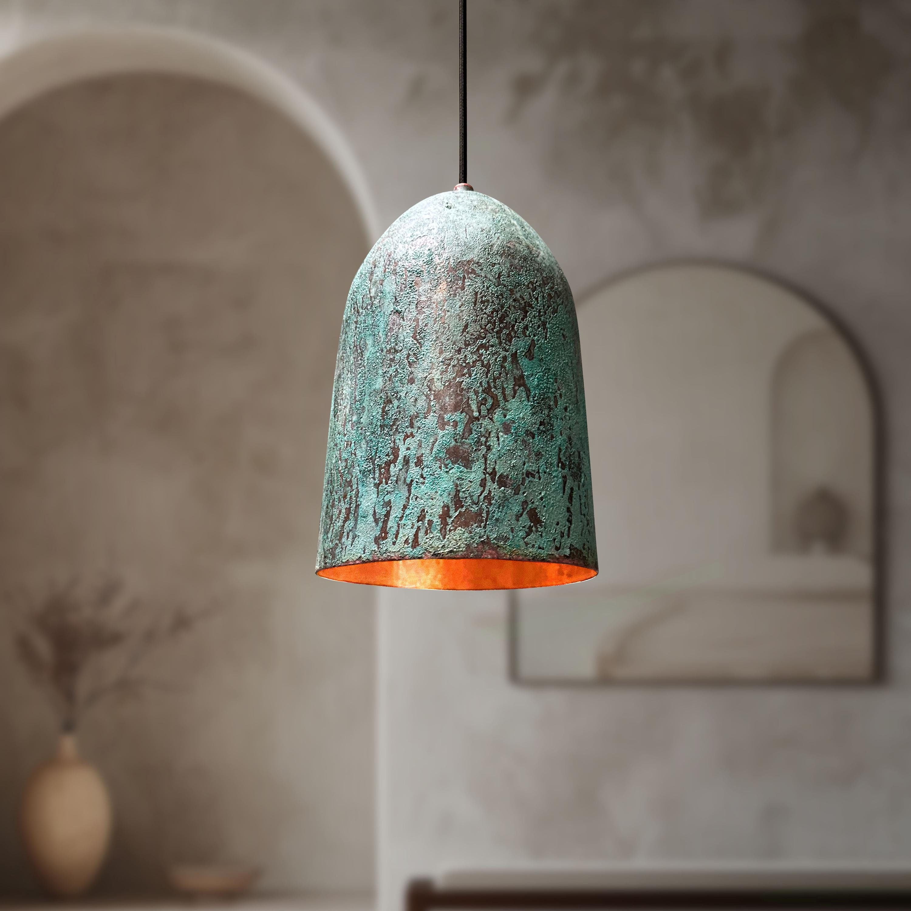 Green Patina Copper Pendant Lamp – Rustic Farmhouse Kitchen Island Lighting Fixture
