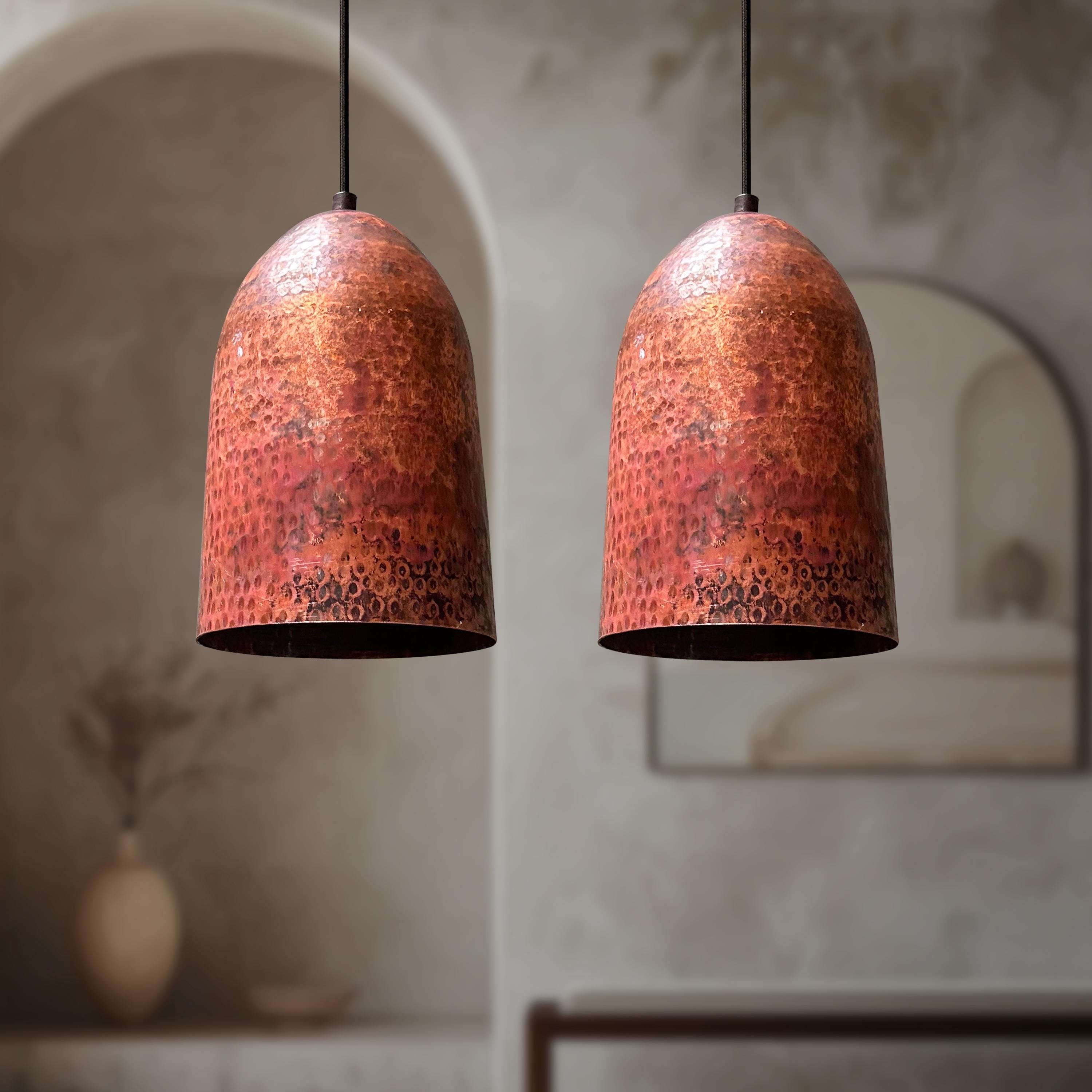 Pair of Hammered Copper Pendant Lights – Vintage Farmhouse Kitchen Ceiling Fixtures for Island Decor