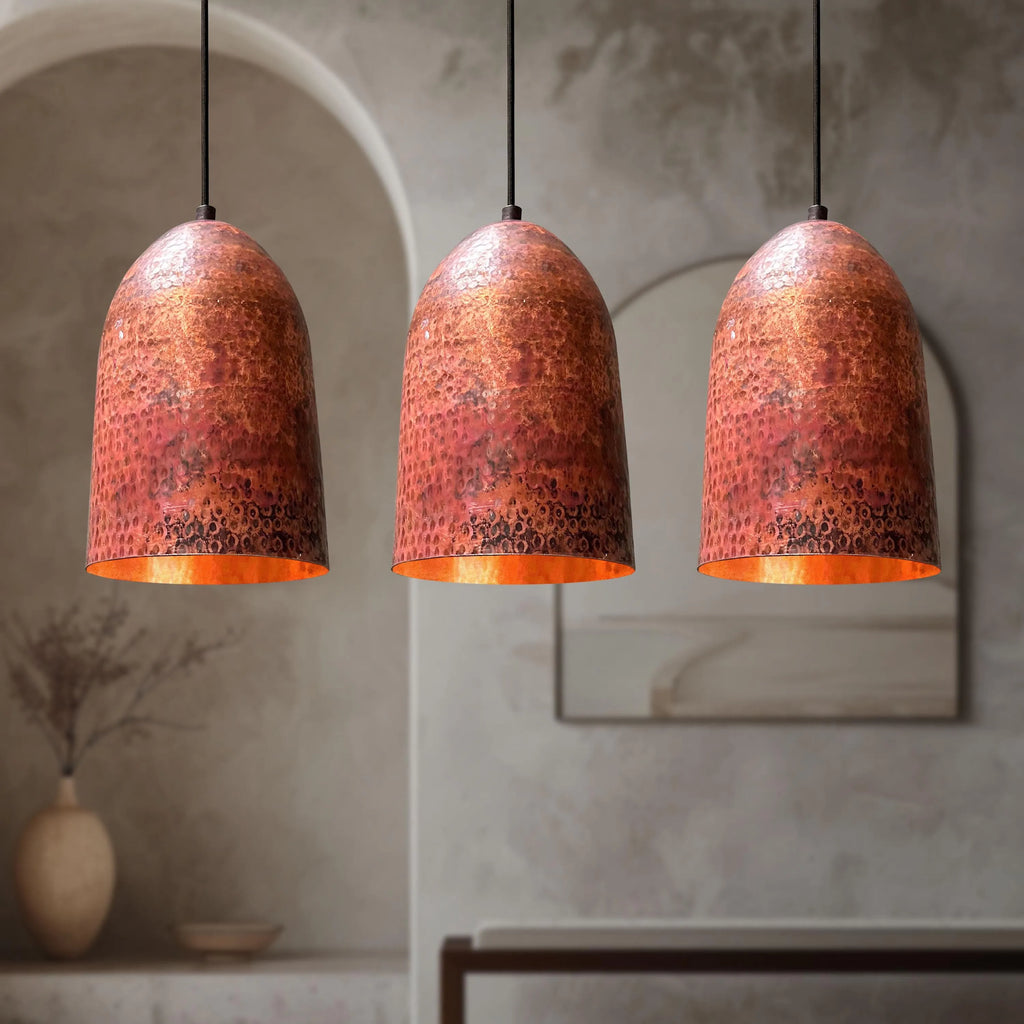 Set of 3 Handmade Hammered Copper Pendant Lights for Kitchen Island