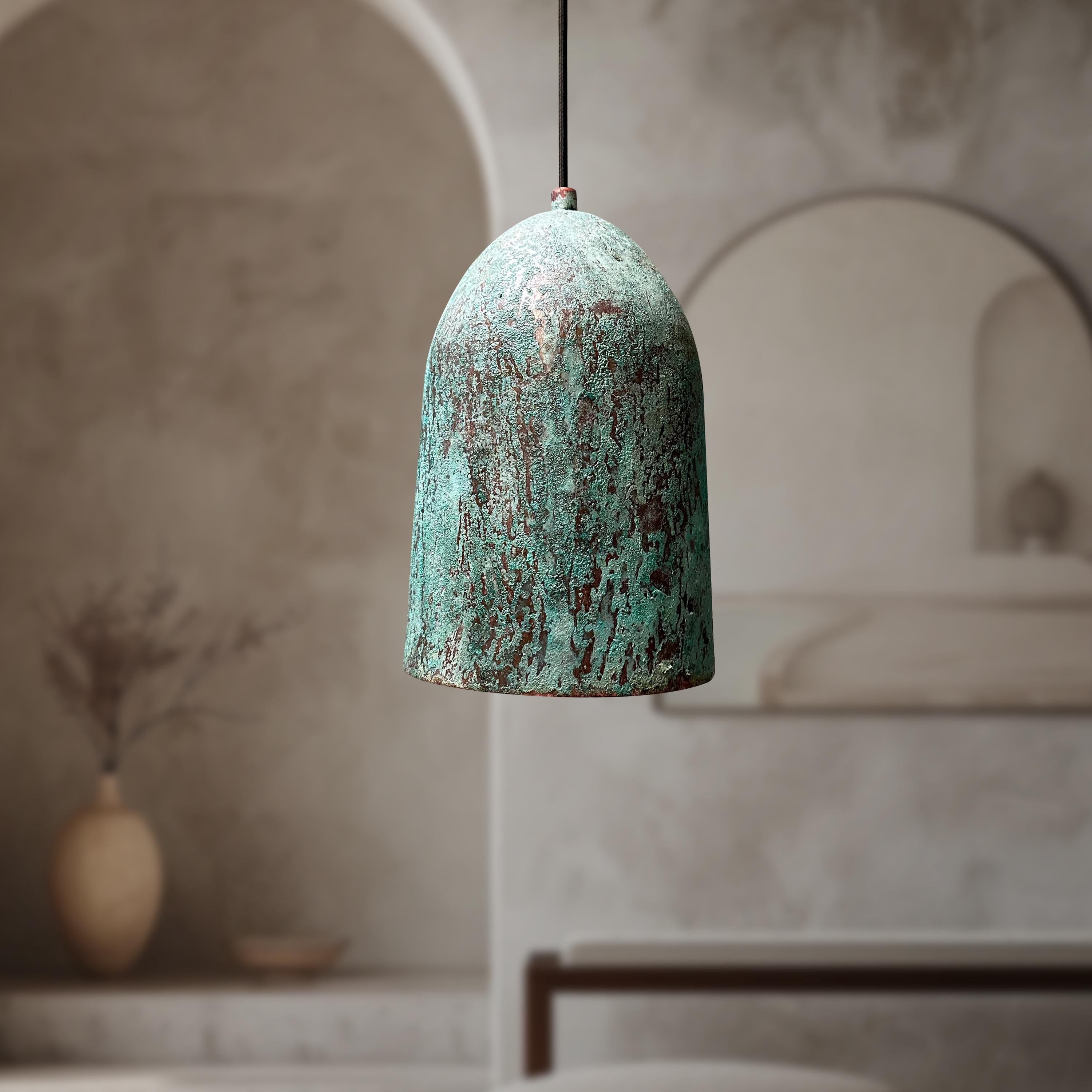 Set of Two Rustic Green Copper Dome Lights – Vintage Farmhouse Kitchen Island Pendant Fixtures