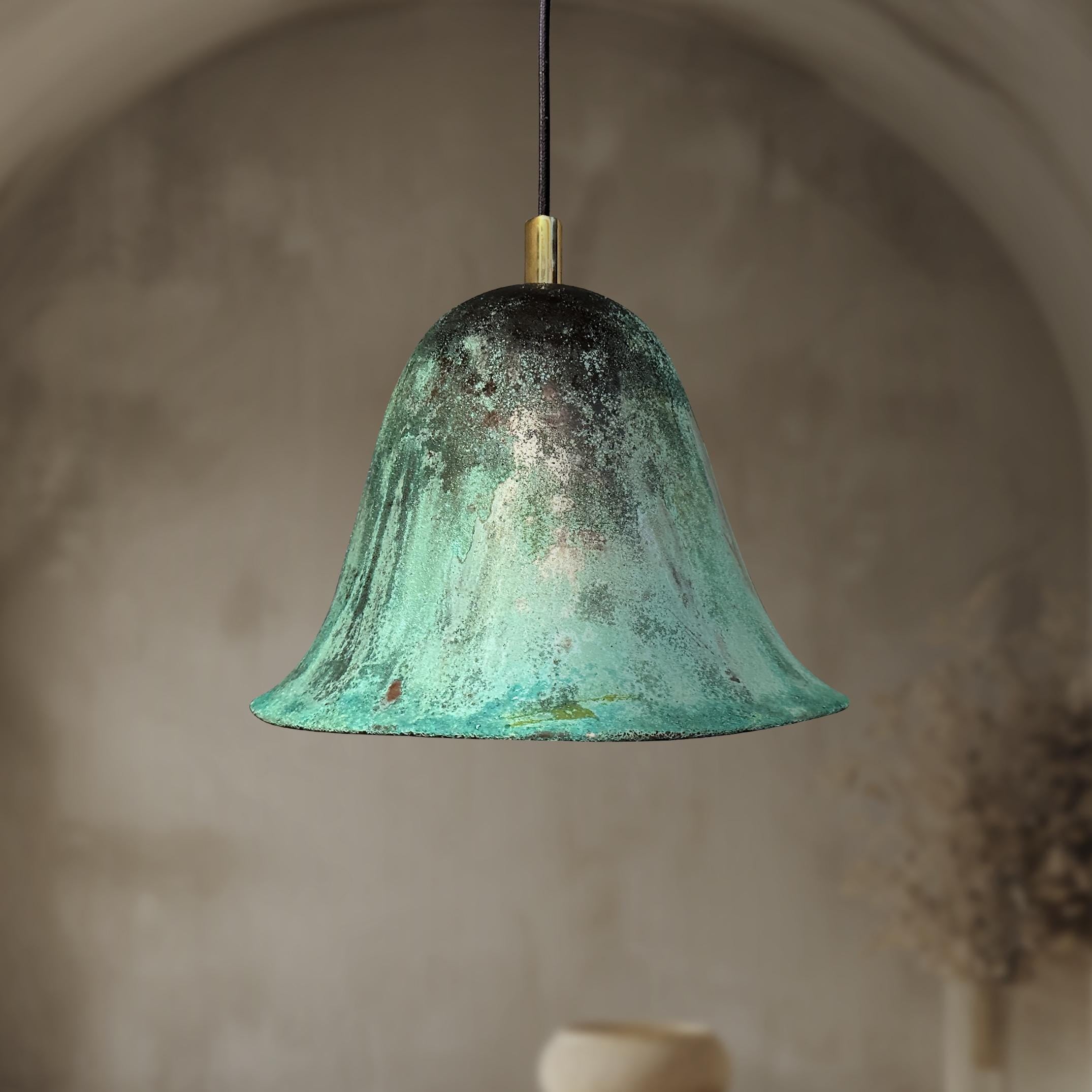 Handmade Oxidized Copper Pendant Light, Green Patina Dome Lamp