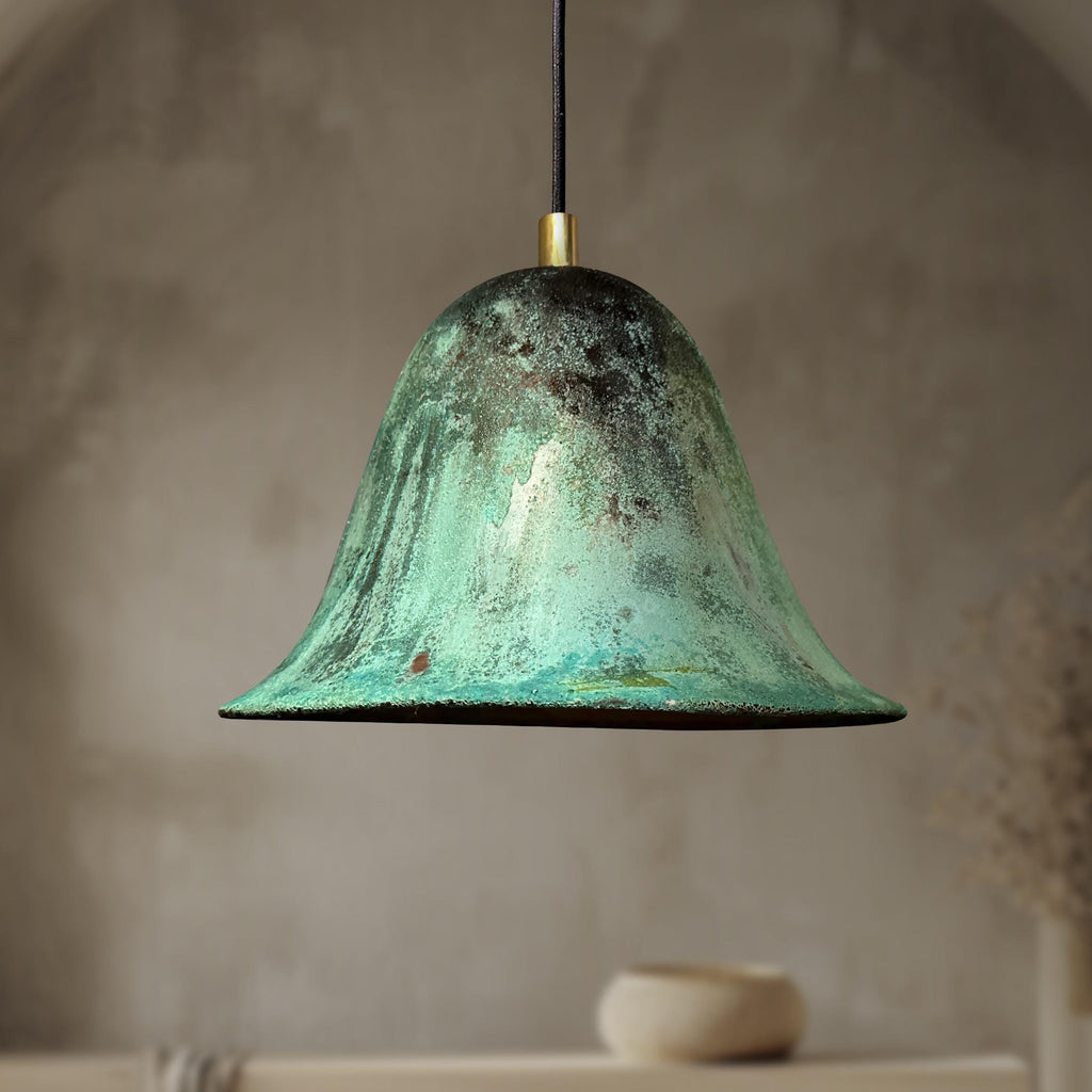 Handmade Oxidized Copper Pendant Light, Green Patina Dome Lamp