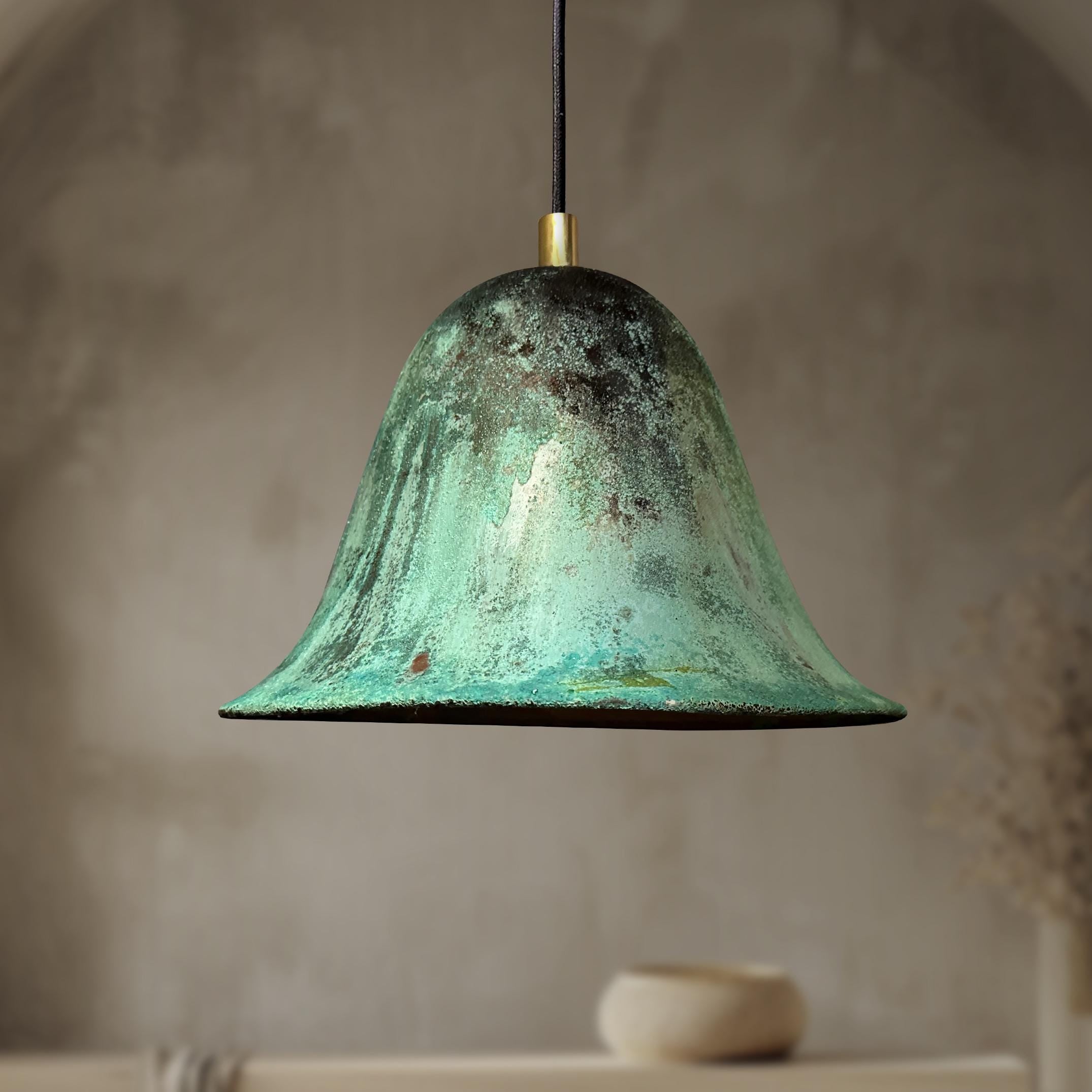 Handmade Oxidized Copper Pendant Light, Green Patina Dome Lamp